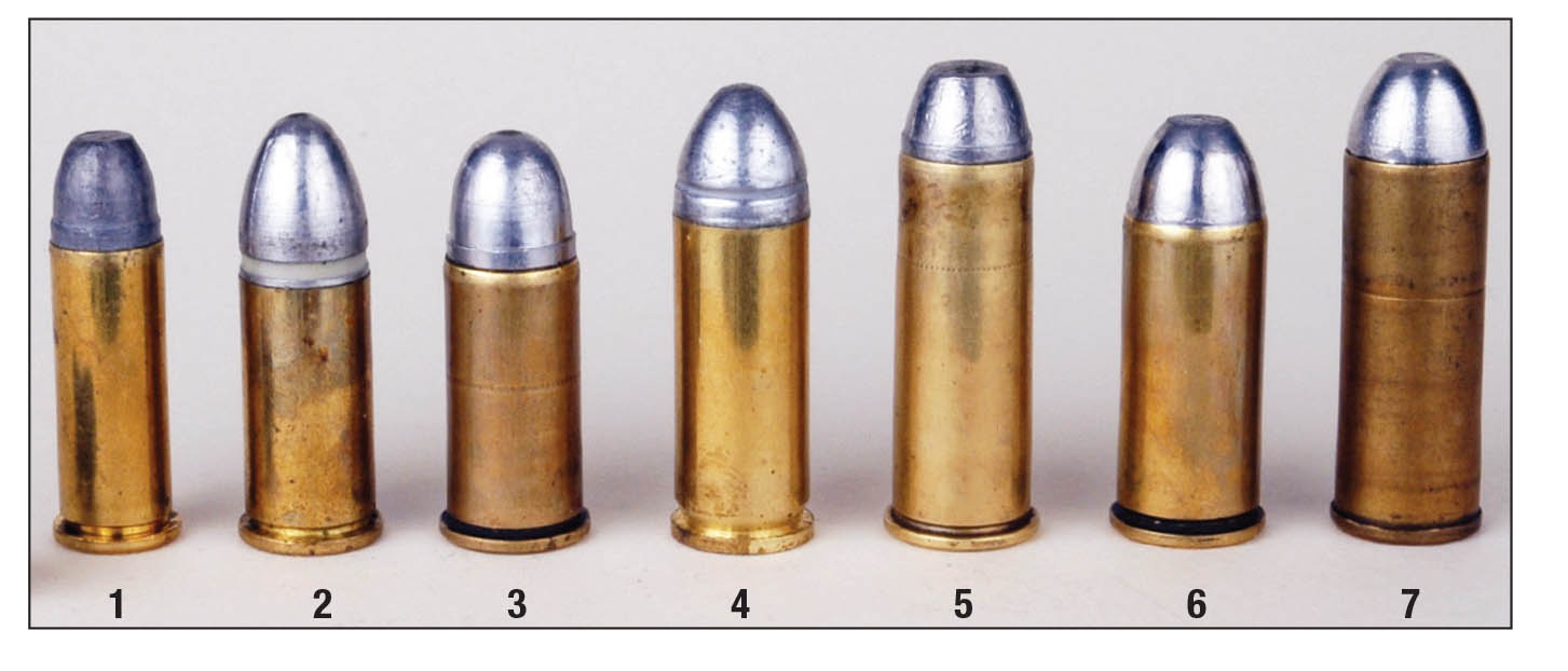 Mike’s sixgun black-powder handloads tested in the baffle box included the (1) .38 Long Colt, (2) .44 S&W American, (3) .44 S&W Russian, (4) .44 Colt, (5) .44-40, (6) .45 S&W and the (7) .45 Colt.